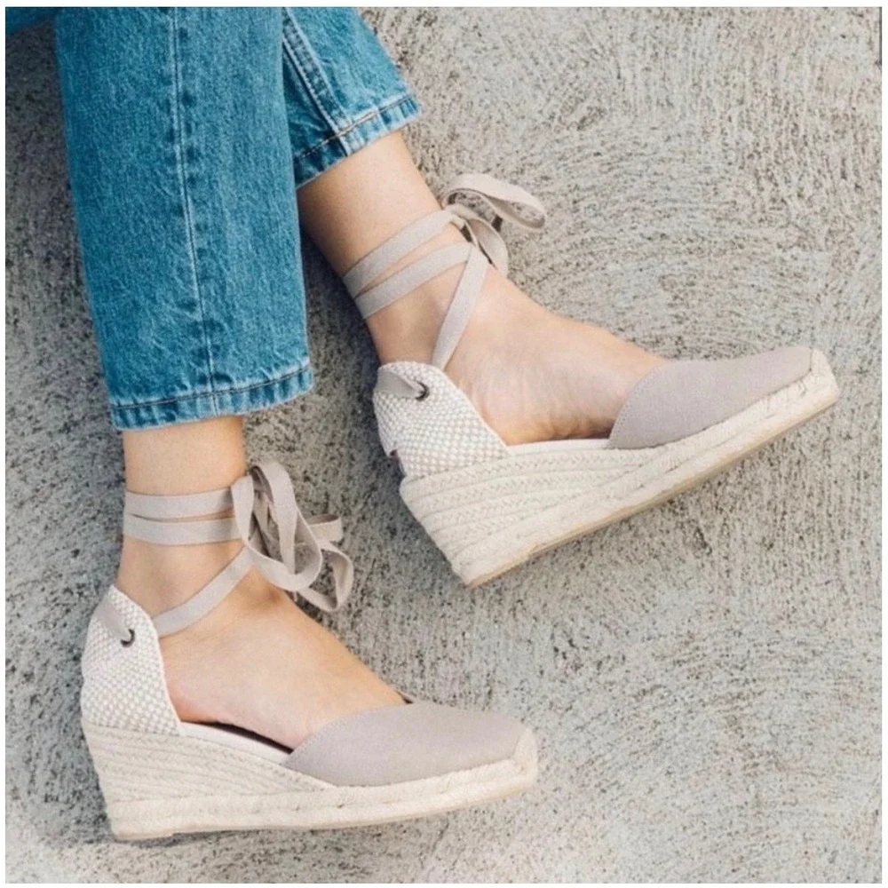 Soludos Womens Tall Wedge Espadrille Grey Canvas Ankle Tie Sandals 10